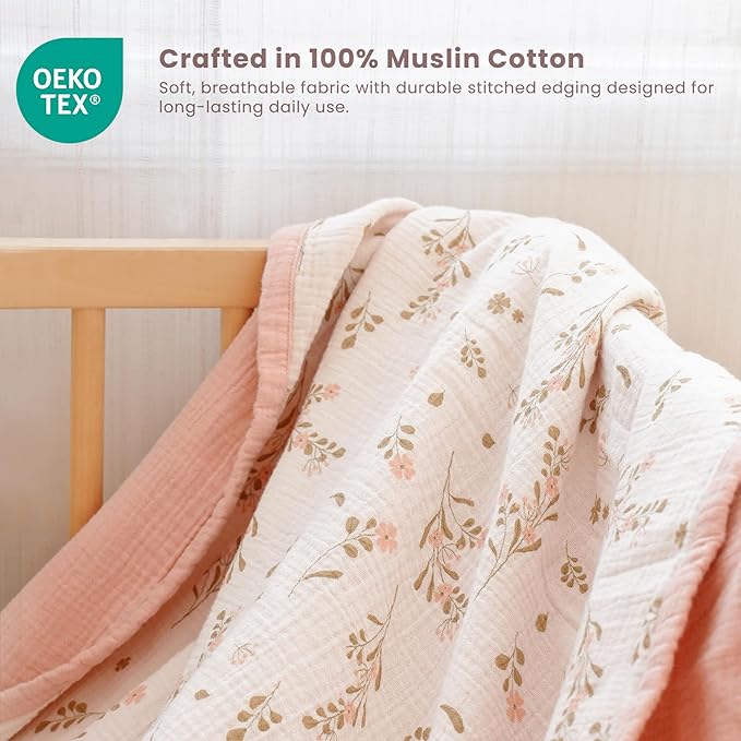 Konssy Muslin Baby Blankets for Girls Boys 47"x47", 100% Cotton Crib Blanket for Infant Toddler, Super Soft and Lightweight Nursery Swaddling Wrap (Floral)