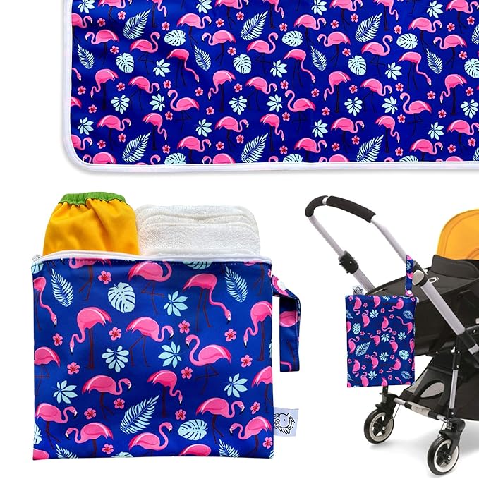 Flockthree Waterproof Baby Changing Pad with Storage Bag (43.3" X 28.7") Washable Wipeable Reusable Leak Proof Diaper Travel Mat Station Changing Mattress Liner Cribs Bed Cover, Flamingos