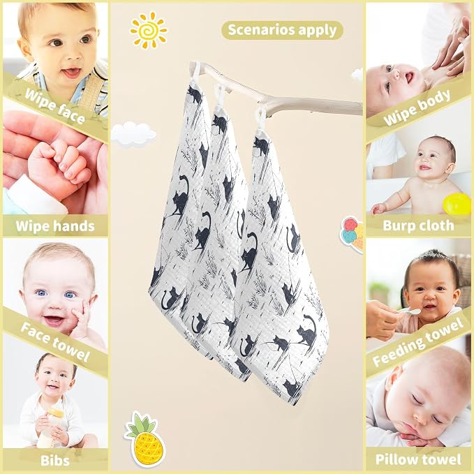 vvfelixl Cat Fishing Baby Burp Cloths Baby Muslin Washcloths for Boys Girls Cotton Babys Face Towel for Newborn Infants Soft and Absorbent 11.8 X 11.8 in, 5 Pack