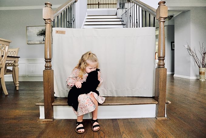 The Stair Barrier First Fabric Banister to Banister Baby Gates for Stairs 36”–42” Wide x 32” Tall– No Drill Baby Gate for Top or Bottom Staircase, Machine-Washable Climb Proof, Designed in USA, Cream