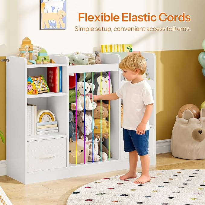 HOOBRO Toy Storage Organizer with Stuffed Animal Storage, 4-in-1 Toy Organizer & Stuffed Animal Zoo with Removable Drawers and 5 Cubes, Book Shelf for Kids Room, Playroom, Nursery, White WT36CW01