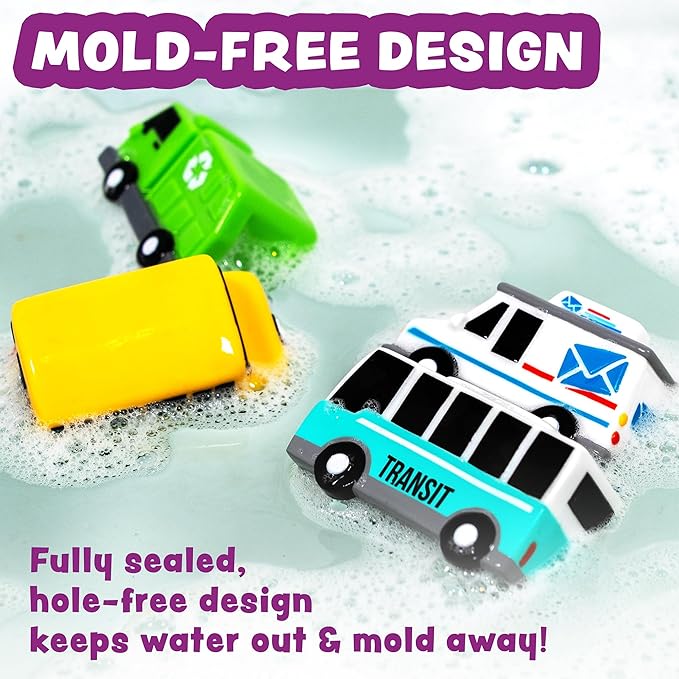 Tub Works® Vehicles??Bath Cars Mold Free Bath Toys, 6 Pack | Sealed, No Hole Bath Toys Design Keeps Moisture Out | Soft, Squeezable & Float on Water | Fun Baby & Toddler Bath Toys | City Car Bath Toys