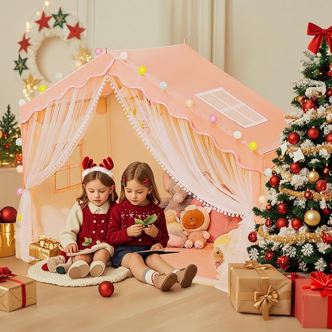 Kids Tent Indoor with Mat and Ball Lights - Play Tent for Kids Ages 4-8, Toddler Playhouse for Girls, 57" x 35" x 47" (Pink)