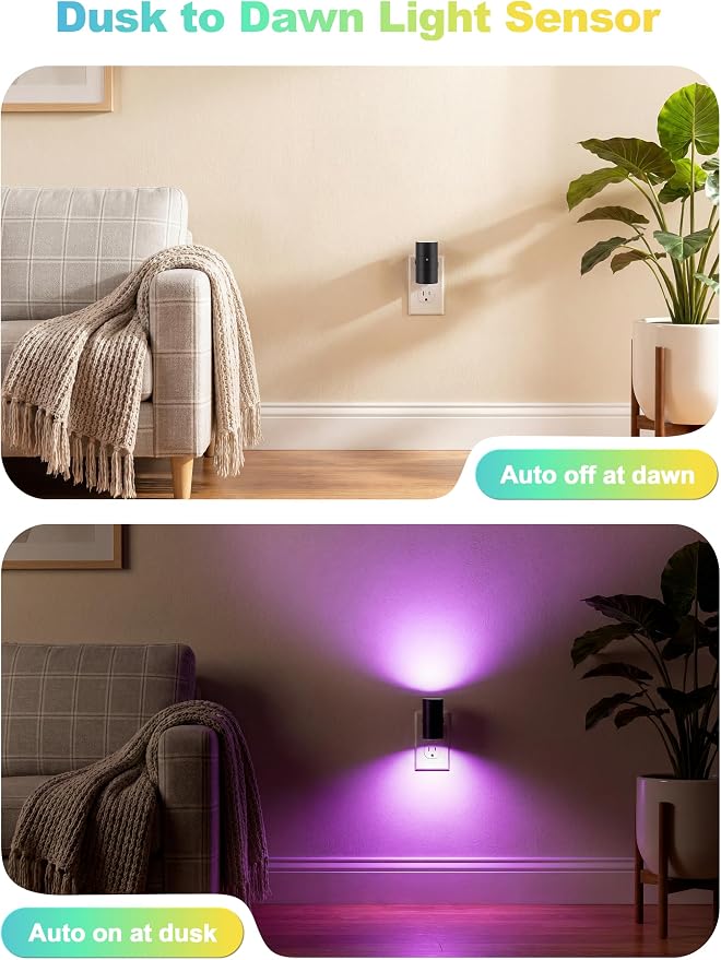 VOLISUN Led Night Light Plug into Wall, 6 RGB Night Lights with Light Sensor, Color Changing Mode, Dimmable Night Light for Christmas, Halloween, Holiday Decor, Hallway, Bedroom Black 2 Pack