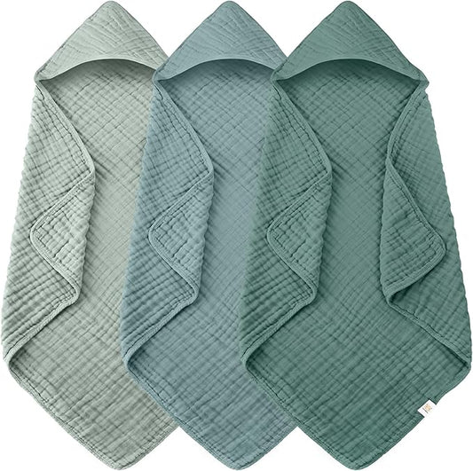 Ease Cubs 3-Pack Muslin Hooded Baby Towels, 100% Cotton, Ultra-Soft & Absorbent Baby Bath Towels with Hood for Babies, Infant, Toddler and Newbron (Emerald Series,32" x 32")