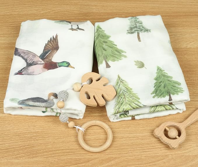 Muslin Swaddle Blankets Neutral - Soft 47x47 Inch Baby Swaddle Wrap & Nursery Receiving Blanket, Mallard Duck/Woodland - Breathable 70% Bamboo Viscose & 30% Cotton