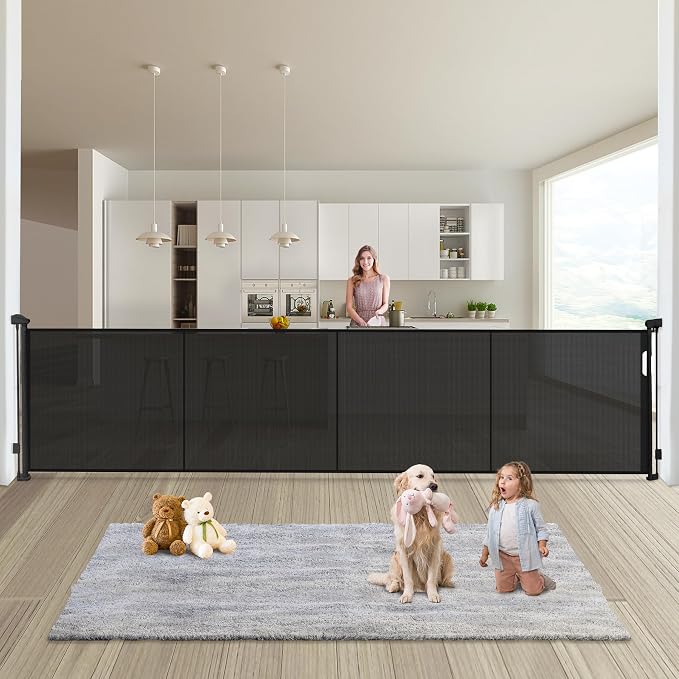 Retractable Baby Gates Dog Gate - 200" Extra Wide Expandable Child Safety Gate, 37" Tall Toddler Pet Mesh Gate with Reinforced Strips for Doorways, Stairs, Hallways, Outdoor & Indoor Large Openings