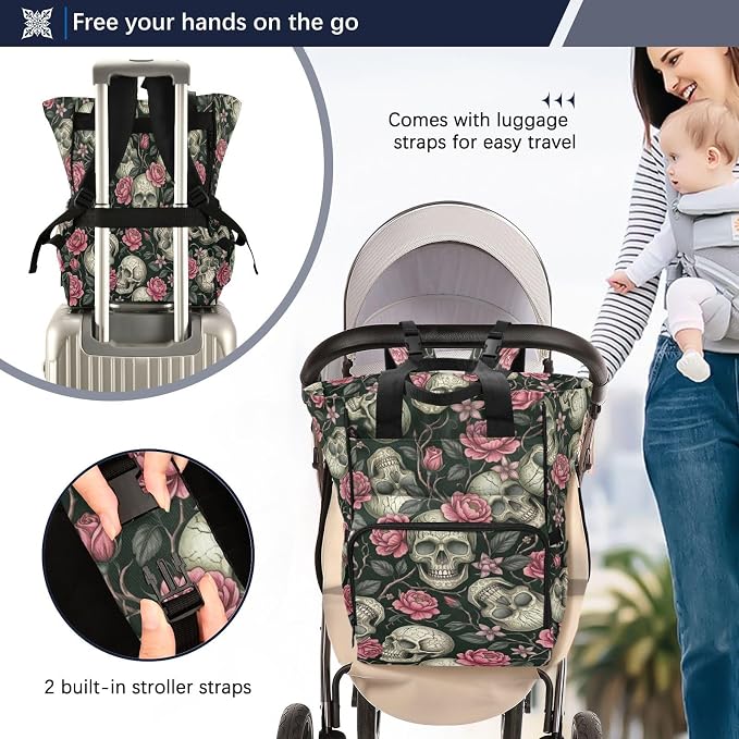 Green Skull Rose Diaper Bag – Travel Large Capacity for Mom Dad