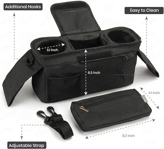 Universal Stroller Organizer, Black - 2 Insulated Cup Holders - Non-Slip Stroller Caddy Bag - Detachable Phone Pouch - Fits Uppababy, Nuna - New Mom Essentials