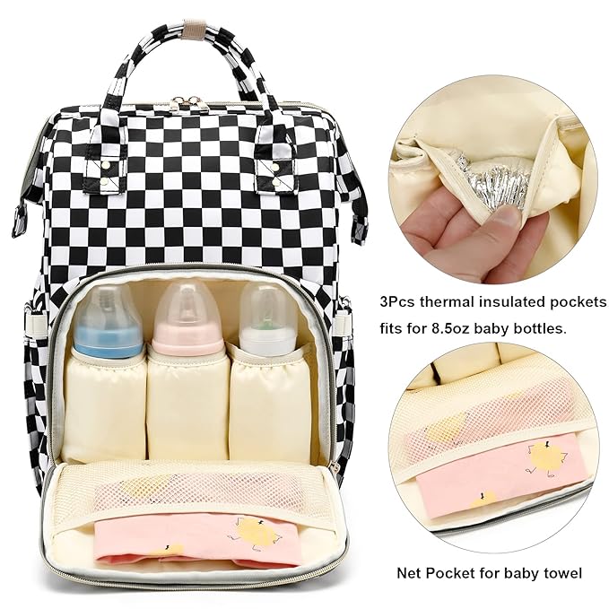 Checkered Diaper Bag Backpack for Baby Girls, Mom Waterproof Large Nappy Bags for Women