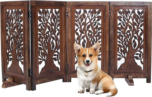 Dog Gate Indoor, Free Standing Folding Pet Gate 4 Panel, 56x28 Inch Wooden Dog Fence for Doorway, Hallway, or Stairs, Decorative Sadie Design, Natural Burnt