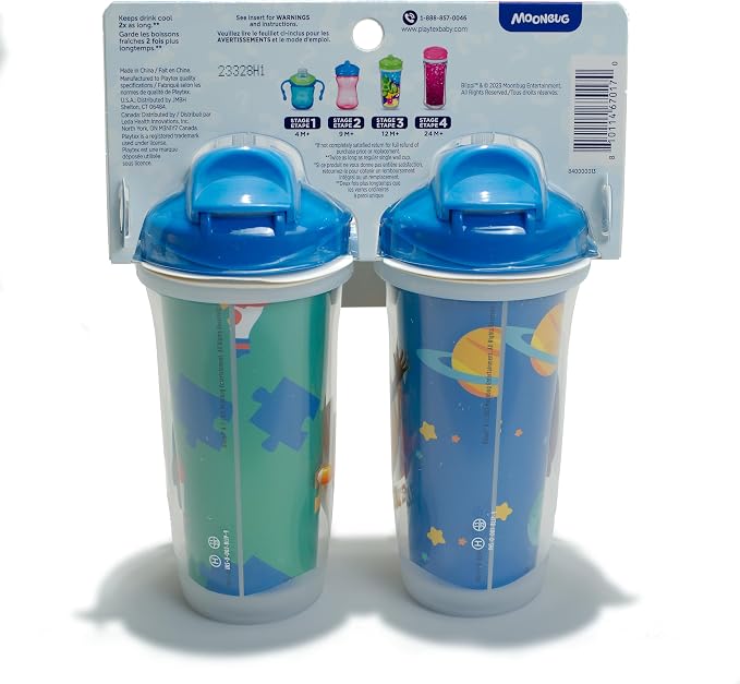 Playtex Baby Sipsters Straw Sippy Cup for 12+ Months, 9 Ounce (2 Count), Blue Blippi Design, Insulated Toddler Water Bottle for Kids, Spill-Proof Cups for Toddlers 1-3, Stage 3