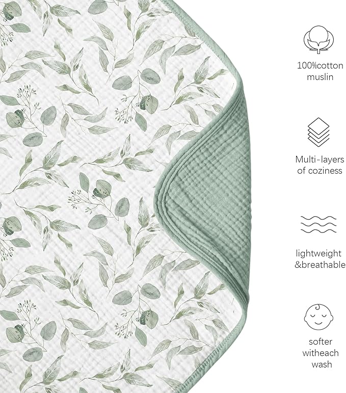 Konssy Muslin Baby Blankets for Girls Boys, 100% Cotton Crib Blanket for Infant Toddler, Super Soft and Lightweight Nursery Swaddling Wrap 40"x36" (Green Leaves)