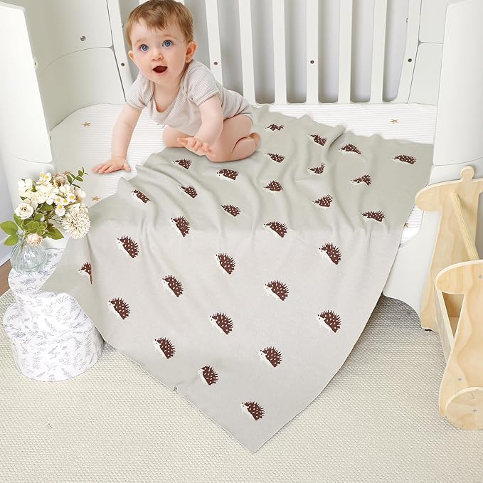 Opewod Baby Blanket 100% Cotton Baby Swaddle Blanket Knit Soft Cozy Lightweight Unisex Receiving Stroller Quilt Blanket with Cute Hedgehog 30x40 Inch Light Grey