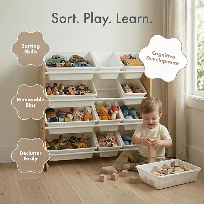Humble Crew Kids Toy Storage Organizer with 12 Plastic Bins, Natural Wood/White ??Removable Bins for Playroom, Bedroom, Toddler Furniture for Boys and Girls Ages