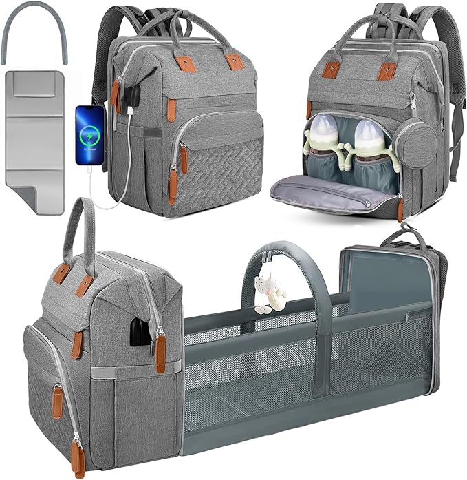Diaper Bag Backpack for New Parents, Large Capacity Baby Travel Bag with Bottle Holders, Multiple Compartments (Grey)