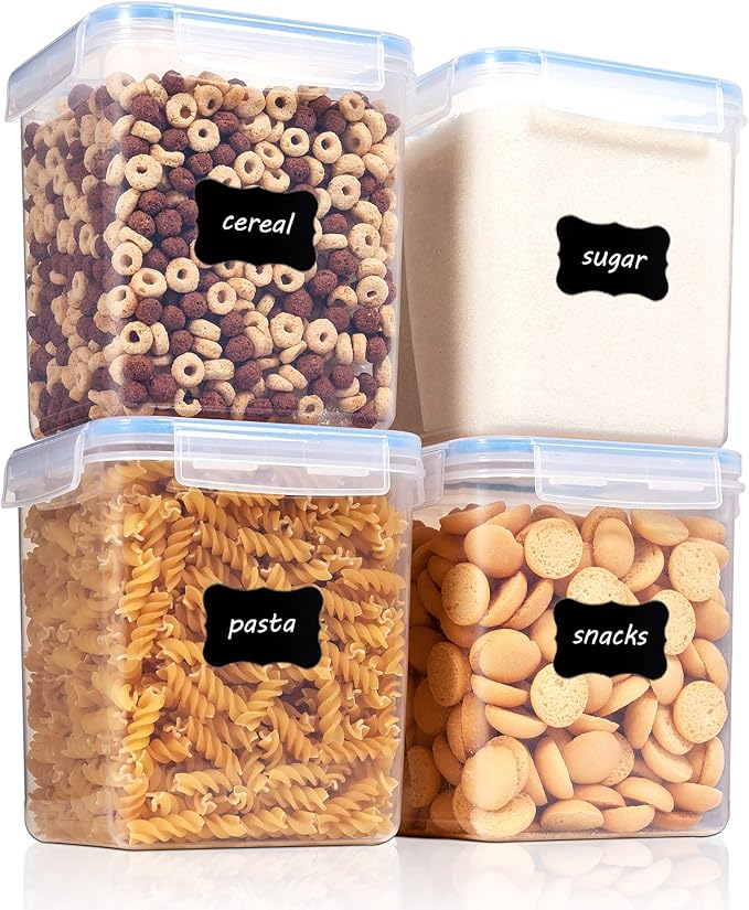 Vtopmart Food Storage Containers 2.5L / 84.5oz, 4 Pieces BPA Free Plastic Airtight Canister for Flour, Sugar, Baking Supplies, with 4 Measuring Cups and 24 Labels, Blue