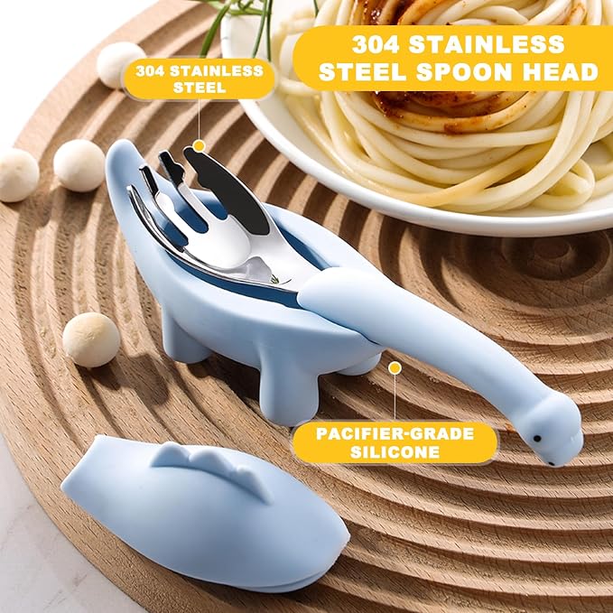 Toddler Utensils 2-Pack, Stainless Steel Baby Fork and Spoon Set with Cute Dinosaur Silicone Handles, Baby Kids Utensils, Children Safe Forks and Spoons, Dishwasher Safe (Blue)