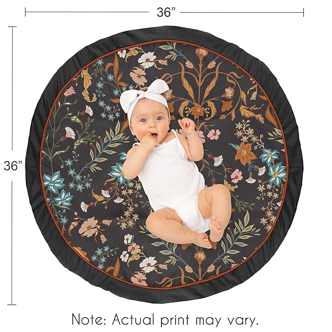Sweet Jojo Designs Boho Wildflower Vintage Floral Girl Baby Play Mat Tummy Time Activity Toddler Floor Infant Playmat Black Rust Orange Teal Bohemian Farmhouse Daisy Botanical Leaf Garden Cottagecore