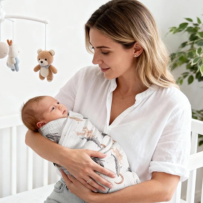 GLLQUEN BABY Muslin Swaddle Blankets,3-Pack Receiving Blankets for Newborn Boys and Girls,Baby Swaddle Blanket Unisex,Whale & Moon,Baby Essentials, Registry & Gift, 40 x 38 inches