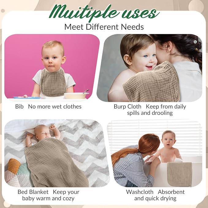 Hahafelt 6 Pcs Muslin Hooded Bath Towels Washcloths and Bibs Set, Muslin Cotton Baby Towels Absorbent Hooded Blanket Towel Infant Bibs for Boys Girls Newborn Infant Essential(Dark Green, Beige)