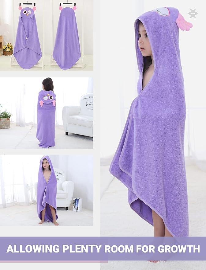 MICHLEY Toddler Hooded Bath Towels for 0-6T, Baby Essentials Cotton Absorbent Kids Washcloth (Owl)