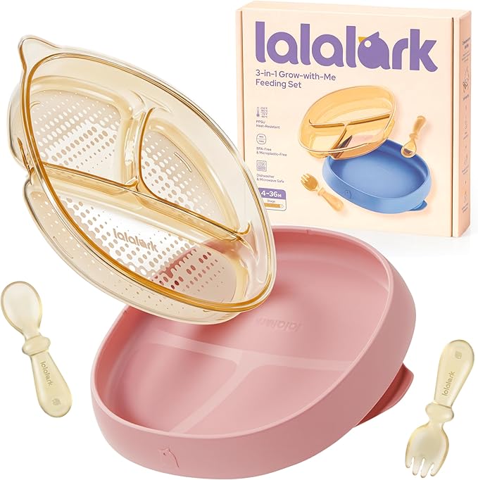 3-in-1 PPSU Baby Suction Plates with Spoon & Fork - Premium Bottle-Grade Silicone Divided Dishes, Stage-Based Self-Feeding Dinnerware 6M-3Y, BPA Free Odor & Stain Resistant, Microwave Dishwasher Safe