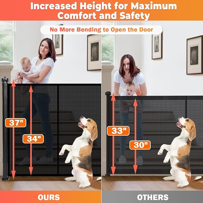 120" Extra Wide Retractable Baby Gates Dog Gate, Long Mesh Gate Pet Gate for Large Opening, 34" Extra Tall Child Safety Gate with Reinforced Strips for Stairs Hallways Doorways Deck Indoor Outdoor