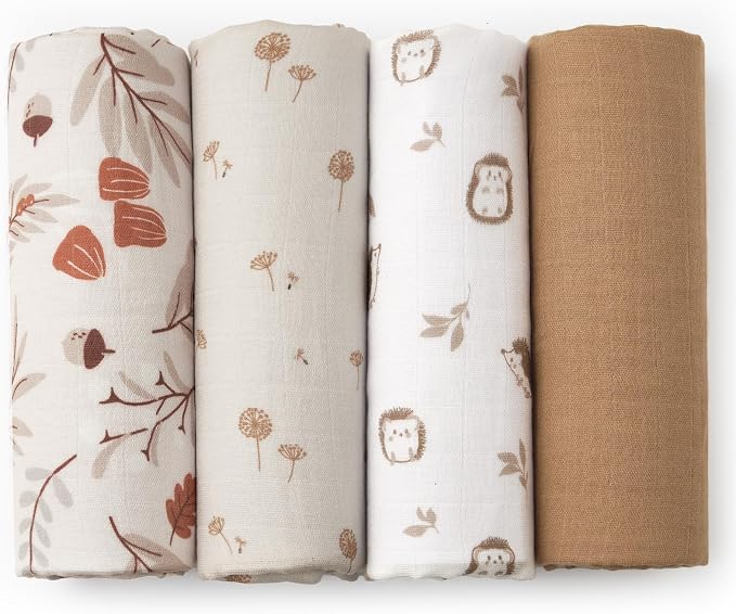 PHF Muslin Swaddle Blankets for Newborn, Large 47x 47 Inches 4 Pack Organic Soft Breathable Receiving Blankets, Skin-Friendly Muslin Baby Swaddles, Baby Essentials Shower Gifts, Leaf & Floral
