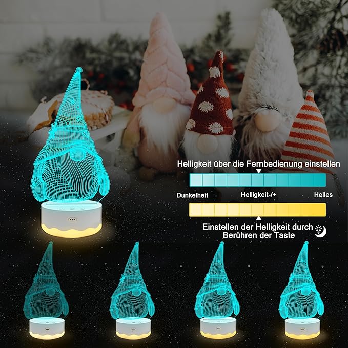 Ammonite Gnome Gifts, Gnome Night Light 3D Optical USB LED Lamp with Remote Touch 16 Color Flashing Changing Timer Stuff Decorations St Patricks Day Mothers Day Christmas Gifts