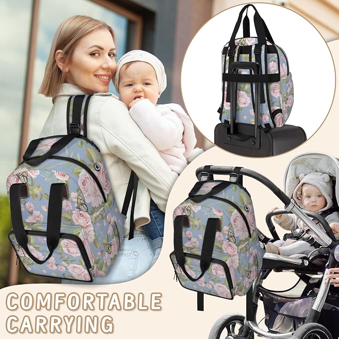 Pink Rose Butterfly Diaper Bag Backpack-Multi-functional mother and baby bag Thermal compartment USB charging port Large capacity Multi-pocket organizer Stroller can be hung Travel shopping
