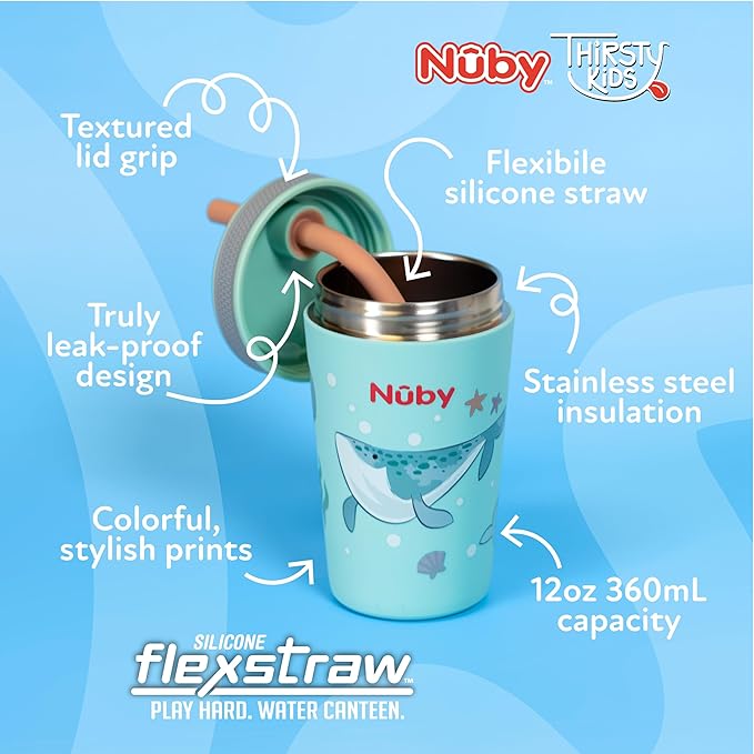 Nuby Thirsty Kids Insulated Toddler Cup with Silicone Flexstraw - 12 oz - Stainless Steel and Leak-Resistant - 18+ Months - Ocean