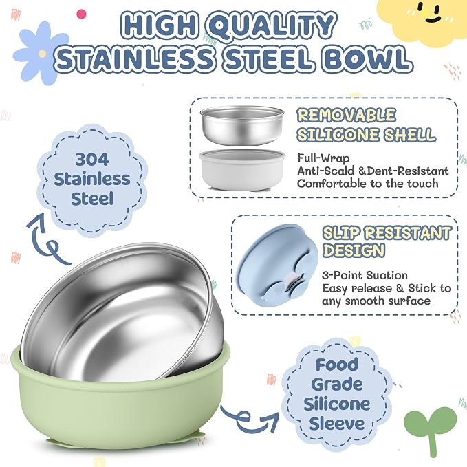 E-far Stainless Steel Baby Bowls with Suction, 4 Pack Removable Colorful Silicone Sleeve Toddlers Kids Bowl, Non-Toxic Snack Container for Baby Food Feeding, Non-Slip & Unbreakable, Dishwasher Safe