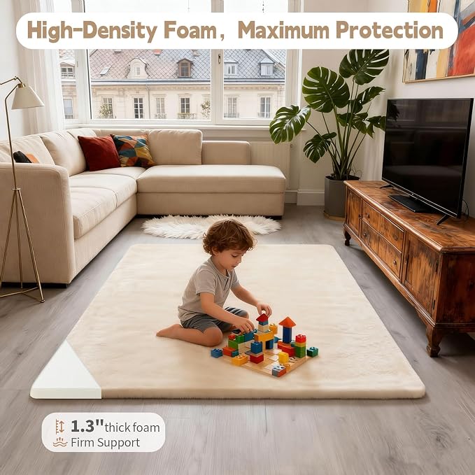 Velvet Baby Play Mat for Floor, 1.3" Thick Elasti-Foam 50"×50" Playpen Mat with Removable & Washable Velvet Cover for Toddler, Infant,Kids, Non-Slip Crawling Mat for Tummy Time (Beige)