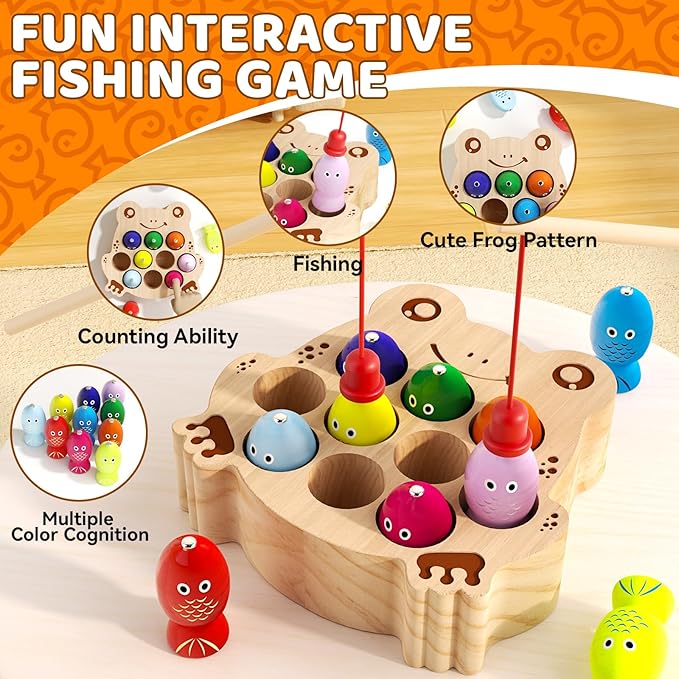 Wooden Magnetic Fishing Game for Toddlers 1-3, Frog Fishing Color Sorting Montessori Sensory Preschool Educational Learning Fine Motor Skills Toys for 3 4 5 Years Old Boys Girls