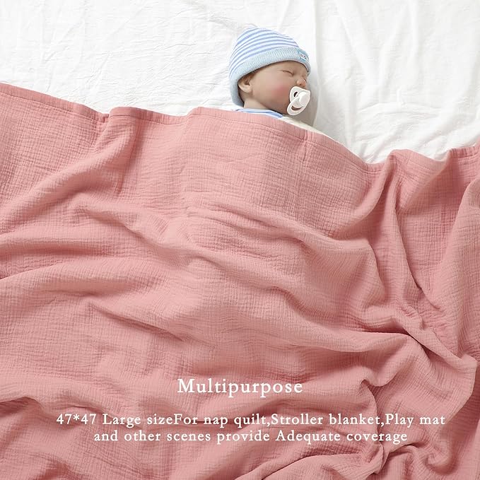 4 Layers Muslin Baby Blankets for Girls,100% Cotton Muslin Toddler Blanket,Crib Blanket,Muslin Swaddle Blankets,Soft and Lightweight Baby Quilt for Boys and Girls 47 * 47" (Pink+Khaki)