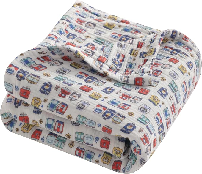 NTBAY Muslin Toddler Blanket, 4-Layer, 30x40 Soft and Breathable Receiving Blanket for Newborns and Infants, Crib Stroller Travel Use, Cartoon Train