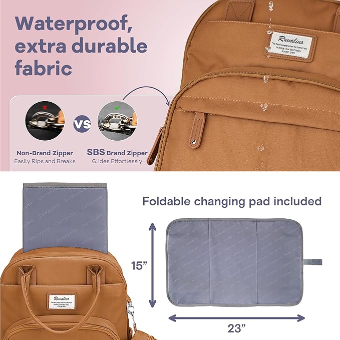RUVALINO Diaper Bag Backpack-Multifunction Baby Travel Bag with Changing pad, Insulated Bottle Holders & Pacifier Case, Large Capacity, Waterproof, Dark Brown
