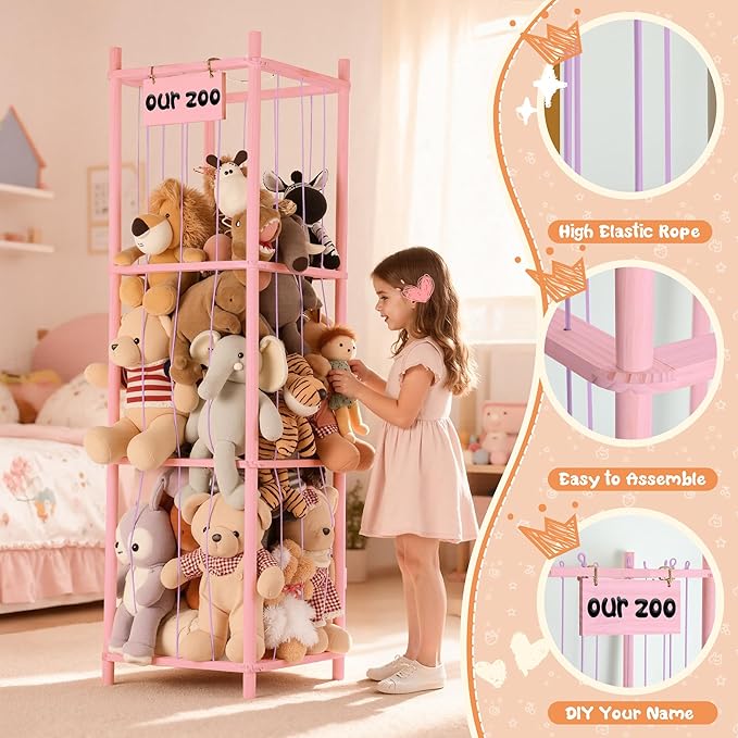 LAMU Stuffed Animal Storage, Wooden Zoo Stuffed Animal Holder with Elastic Cords, Space Save Toy Organizer, Extra Large Capacit Stuffed Animal Organizer for Playroom, Bedroom, Nursery, Pink