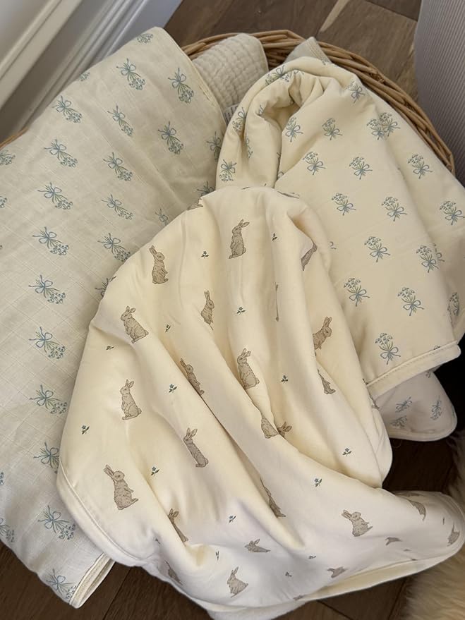 Oilo Bunny Baby Blanket, Rabbit Baby Blanket with Ultra, Soft Plush Backing & Organic Cotton Jersey Print, Double, Layered 30x40 Blanket for Newborns & Toddlers
