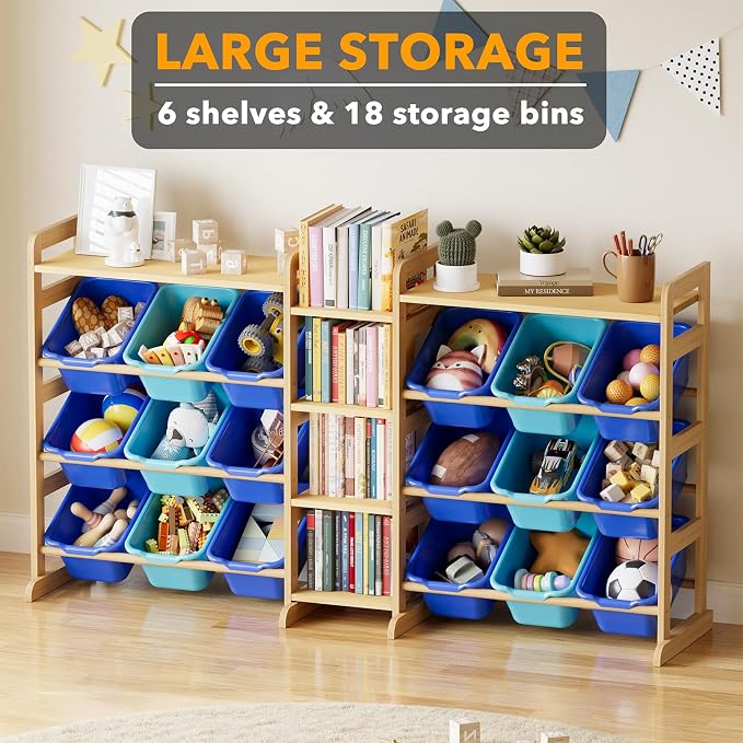 SpaceAid Large Toy Storage Organizer with 6 Shelves and 18 Bins, Book Shelf Organizers Storage Bookshelf, Kids Bin Shelf Box Bookcase for Bedroom Playroom Organization Room Decor, Blue and Navy Blue