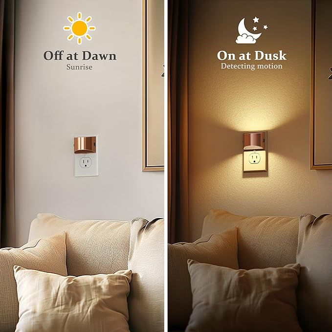 JandCase LED Night Lights Plug into Wall, 2 Pack Rose Gold Modern Night Lights, Dusk to Dawn Sensor Nightlight,0-100LM Brightness Adjustable, 3000K Soft White