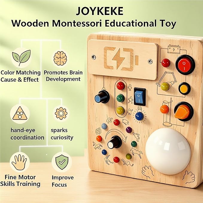 Montessori Busy Board, Slap-Activated LED Toy for 1-4 Toddlers | Sensory Switch Board, Fine Motor Skills Educational Learning Toy, Travel Friendly, Birthday & Holiday Gift for Boys Girls