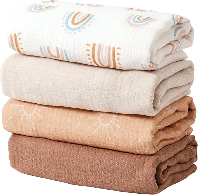 Happy Flute 4Set Muslin Swaddle Blankets??œUltra Soft Baby Blanket for Newborns,Receiving Blankets for Baby Girls & Boys??œBaby Essentials 0-3 Years,40x40inches (Sun)