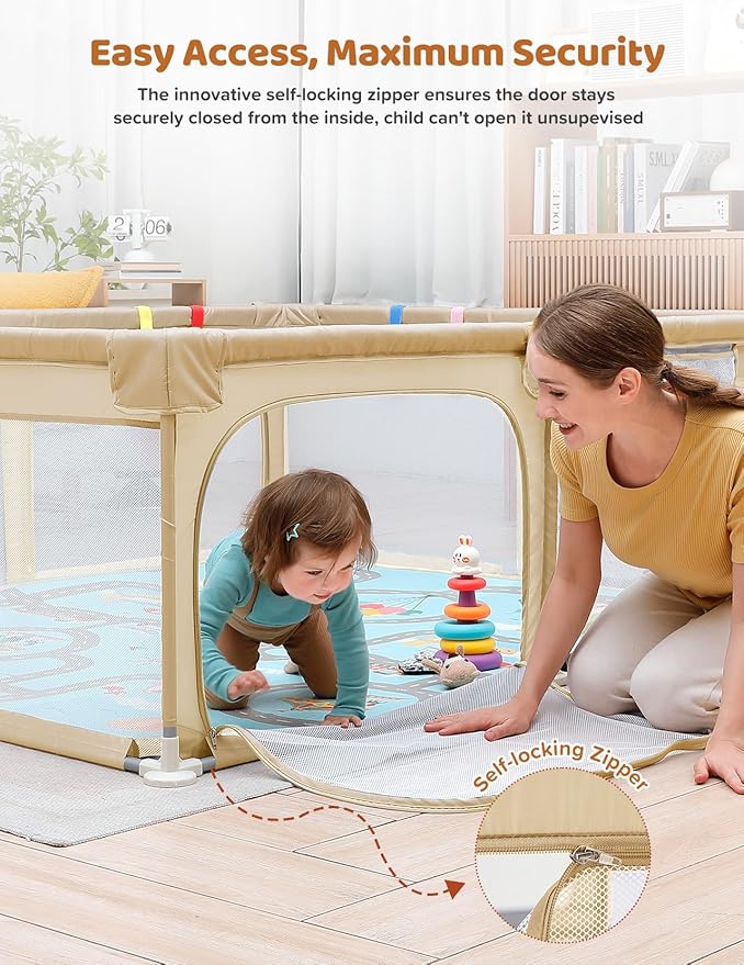 Dripex Baby Playpen with Mat, 71"x47" Play Pen for Toddlers 1-3 Years, Soft Breathable Visible Mesh, Indoor/Outdoor Portable Play Yard with Mat, Safe Baby Fence Play Area, Khaki
