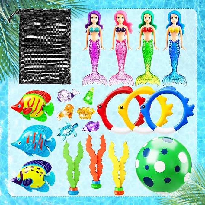 Jasonwell Pool Diving Toys Games - 20PCS Swimming Mermaid Pool Toys with Dive Rings Gems Beach Ball Underwater Treasures Seaweeds Fish Swim Toy etc Bath Water Toy Training Gifts for Kids Adult