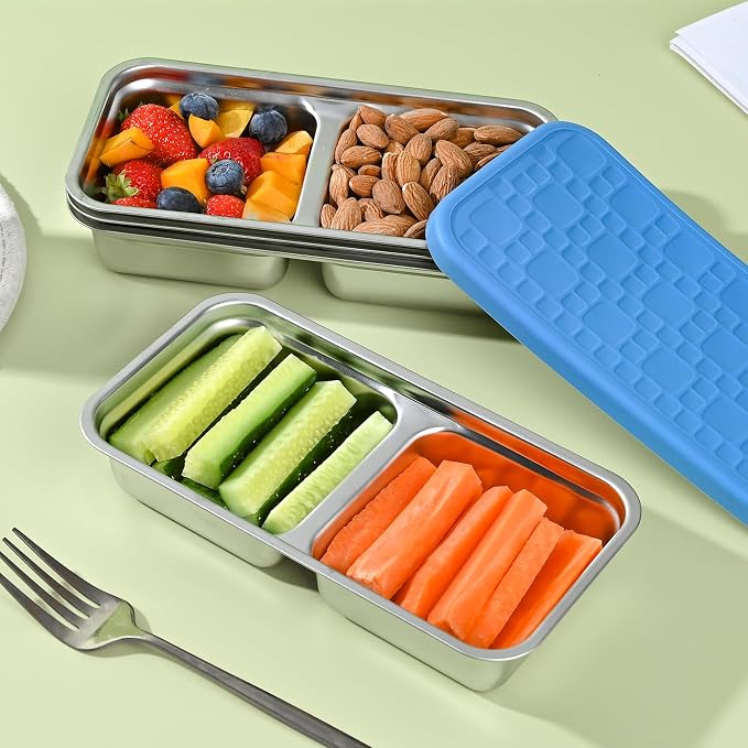 4 Pack Stainless Steel Snack Containers, Leak-Proof 2 Compartment Lunch Boxes with Silicone Lids, Reusable Metal Snack Box for Meal Prep, Travel, Outdoor & Daily Use (1 & 2 Compartments – A)