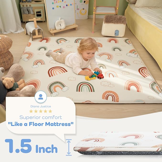 1.5" Thick Premium Baby Floor Play Mat, 71x79 Over-Sized Padded Memory Foam Mat, Tummy Time Crawling Playmat for Nursery Kids Playroom, Rainbow