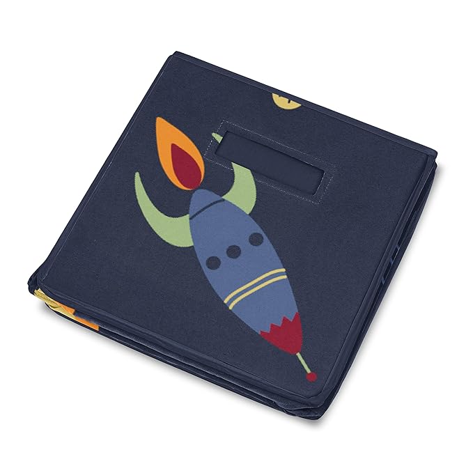 Sweet Jojo Designs Space Galaxy Planets Boy Small Fabric Toy Bin Storage Box Chest For Baby Nursery or Kids Room - Navy Blue Star and Moon Rocket Ship