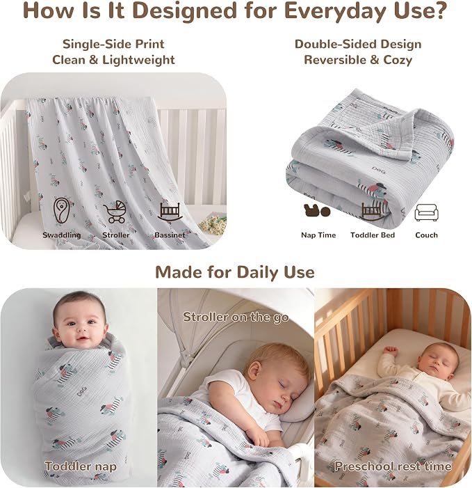 NTBAY Muslin Toddler Blanket, 4-Layer, 30x40 Soft and Breathable Receiving Blanket for Newborns and Infants, Crib Stroller Travel Use, Striped Dog